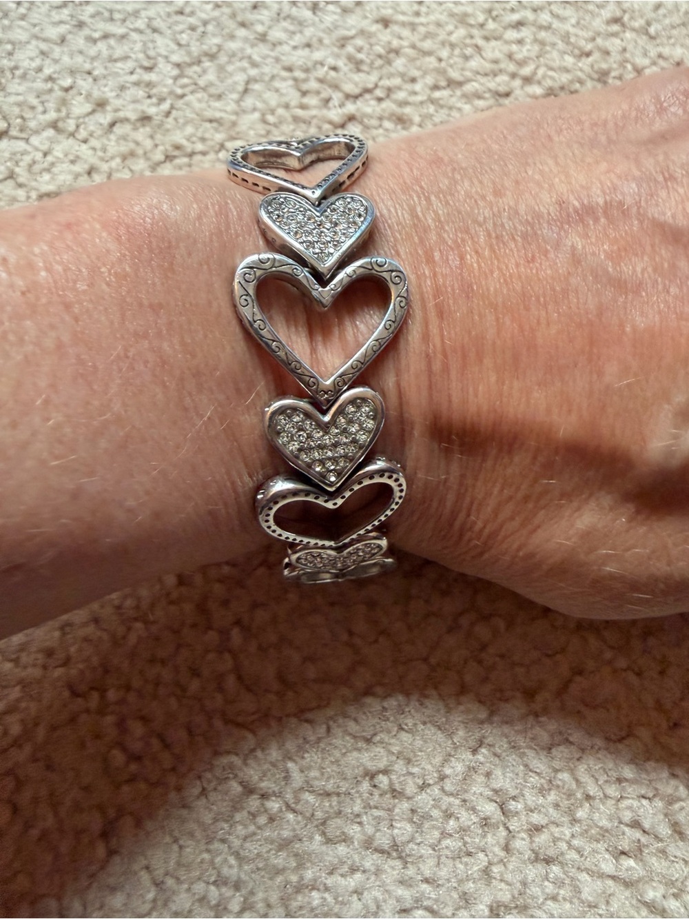 Brighton Fall In Love Heart Link Bracelet Silver Tone Crystal Accents 8” EUC